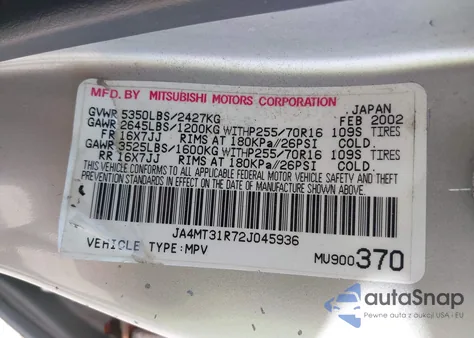 2002 Mitsubishi Montero Sport Xls из США, поврежденный, VIN JA4MT31R72J045936